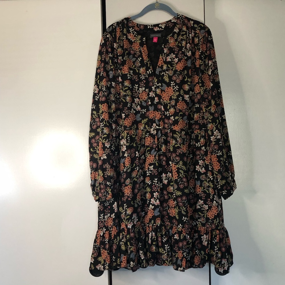 Vince Camuto Women's Floral Rich Black Off The Grid Peasant Mini Dress Size L